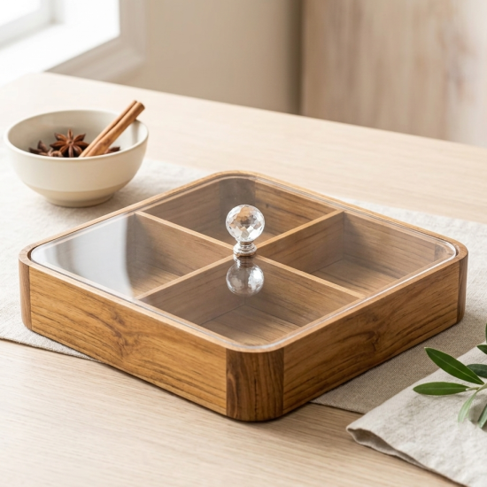 Wooden Four-Section Serving Platter with Acrylic Lid Large